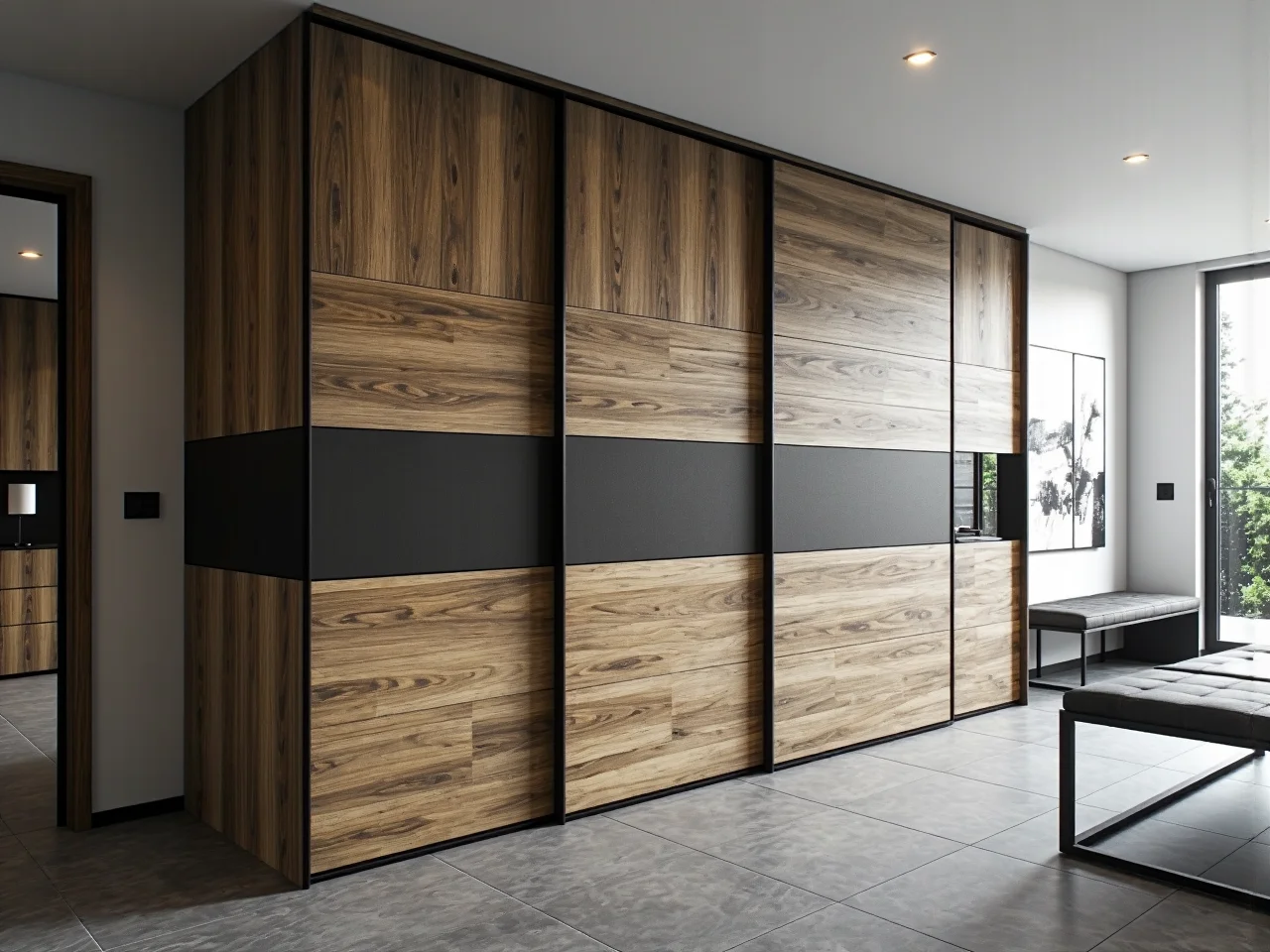 Przesuwna szafa orzech z grafitowym pasem i lustrem