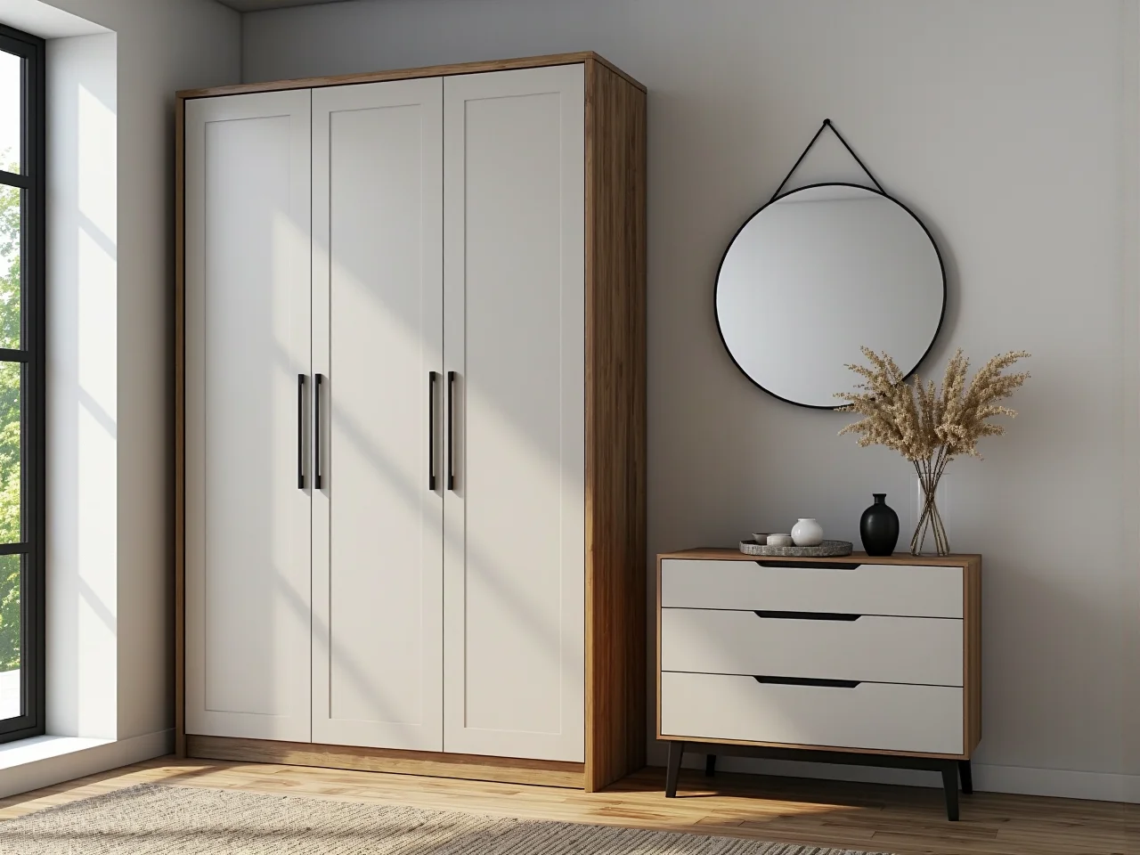 Wysoka szafa przesuwna z lustrem, która optycznie powiększa małą sypialnię 10m2.