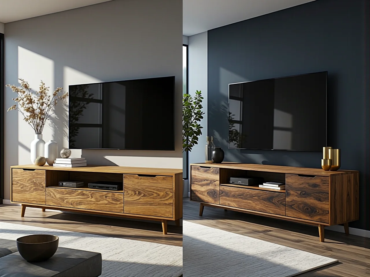 Porównanie szafek RTV dąb naturalny i orzech włoski na drewnianych nóżkach