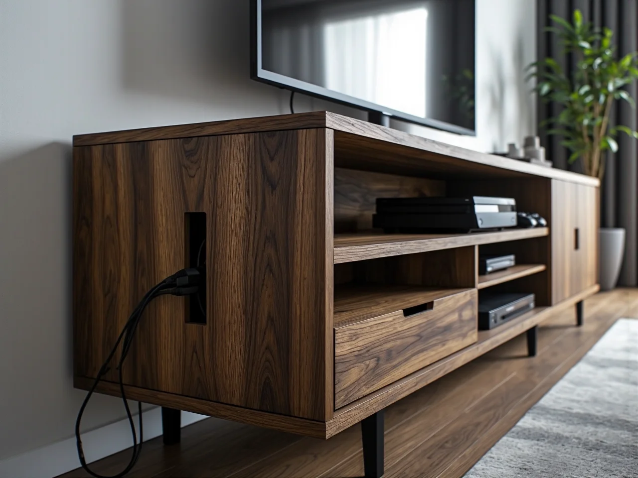 Nowoczesna szafka RTV w salonie z zachowaną odpowiednią odległością od kanapy dla komfortu oglądania.