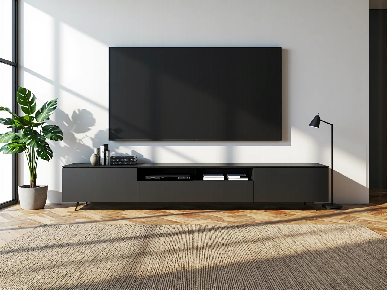 Niska szafka RTV antracytowa z otwartymi półkami i szufladami