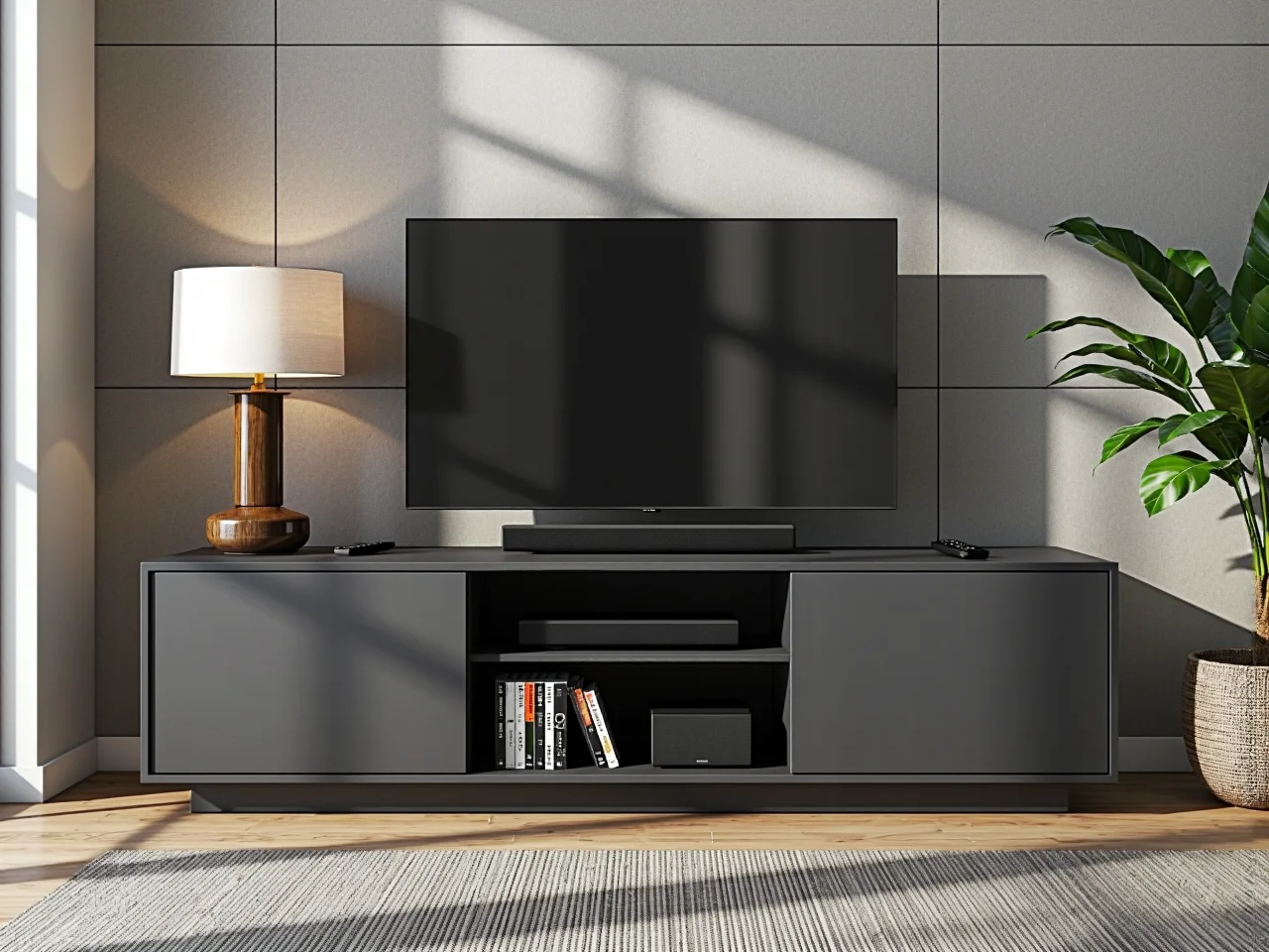 Porównanie szerokości szafki RTV względem rozmiaru telewizora dla zachowania proporcji i stabilności.