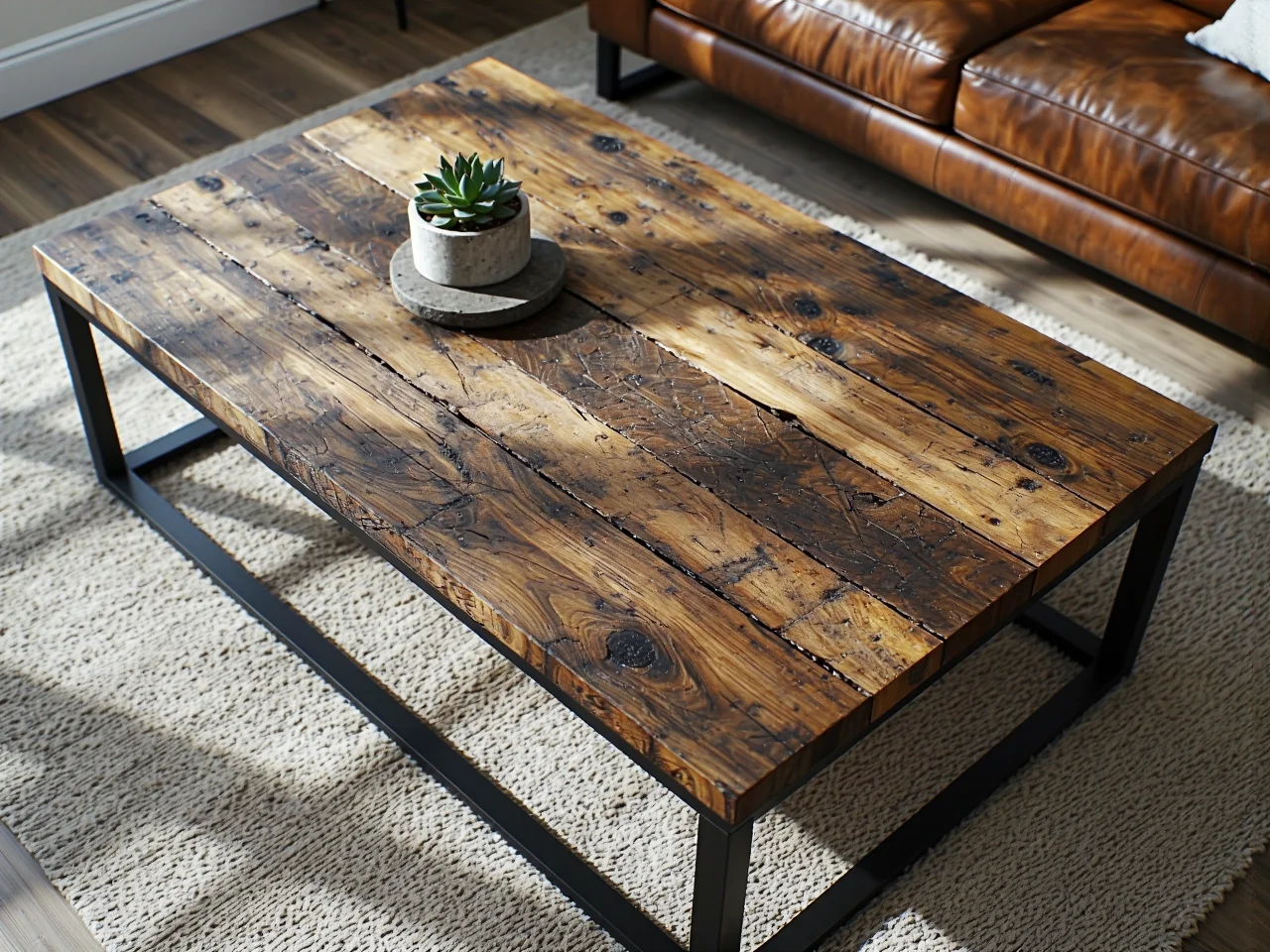 Elegancki szklany stolik kawowy na metalowych nogach w nowoczesnym stylu loftowym.