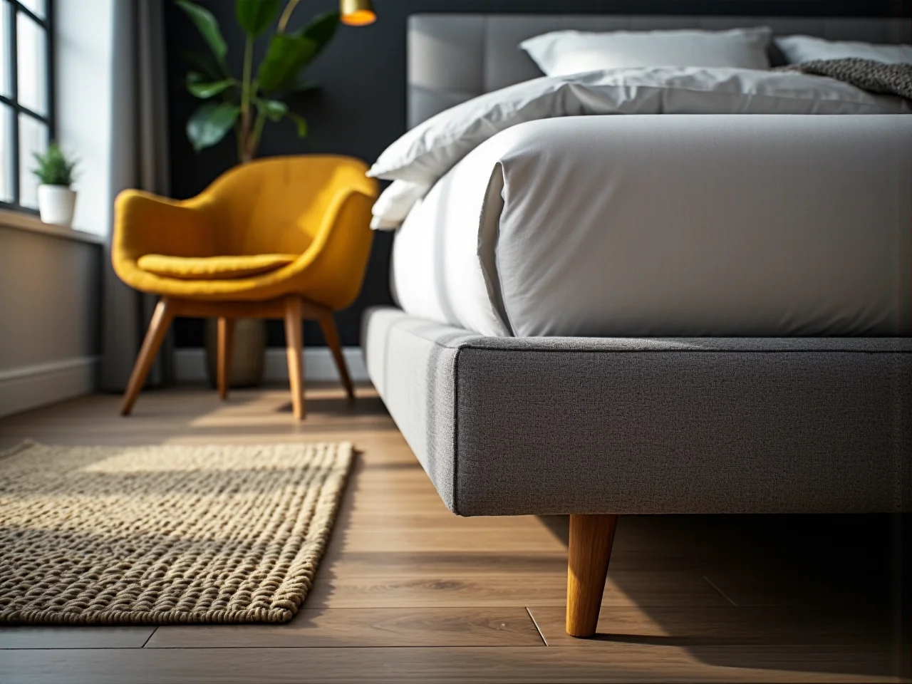 Zbliżenie na wytrzymałą tkaninę plamoodporną obicia łóżka, łatwą w czyszczeniu