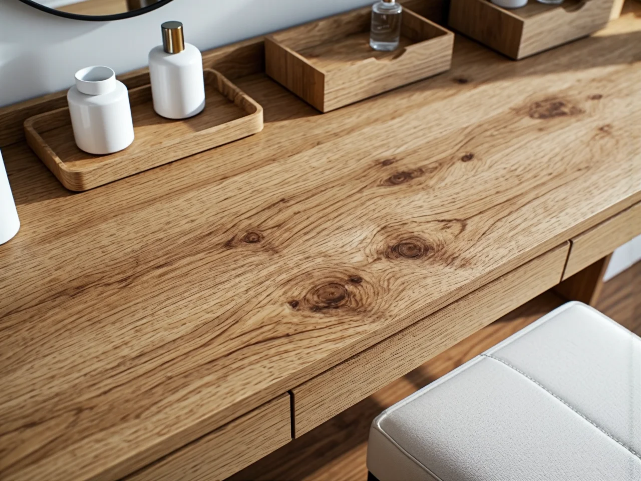 Solidna toaletka z dębu naturalnego o wyraźnej strukturze drewna odporna na zarysowania.