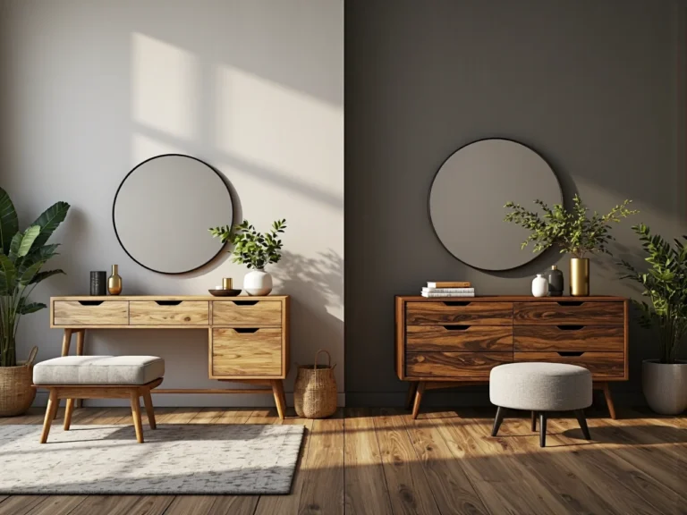 Porównanie toaletek drewnianych dąb jasny i orzech z lustrem