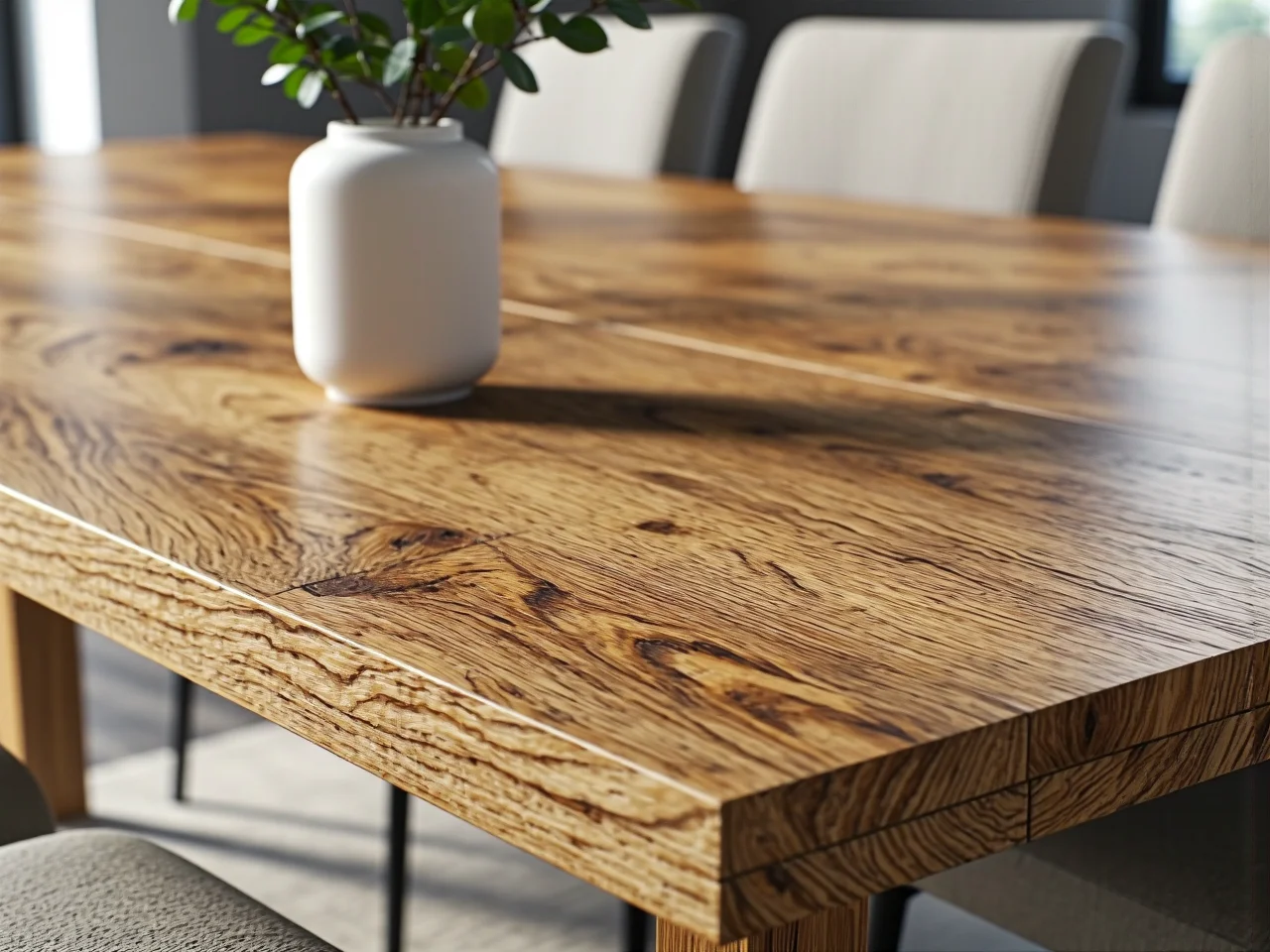 Wytrzymały stół dębowy w jadalni po 5 latach intensywnego użytkowania bez widocznych zarysowań