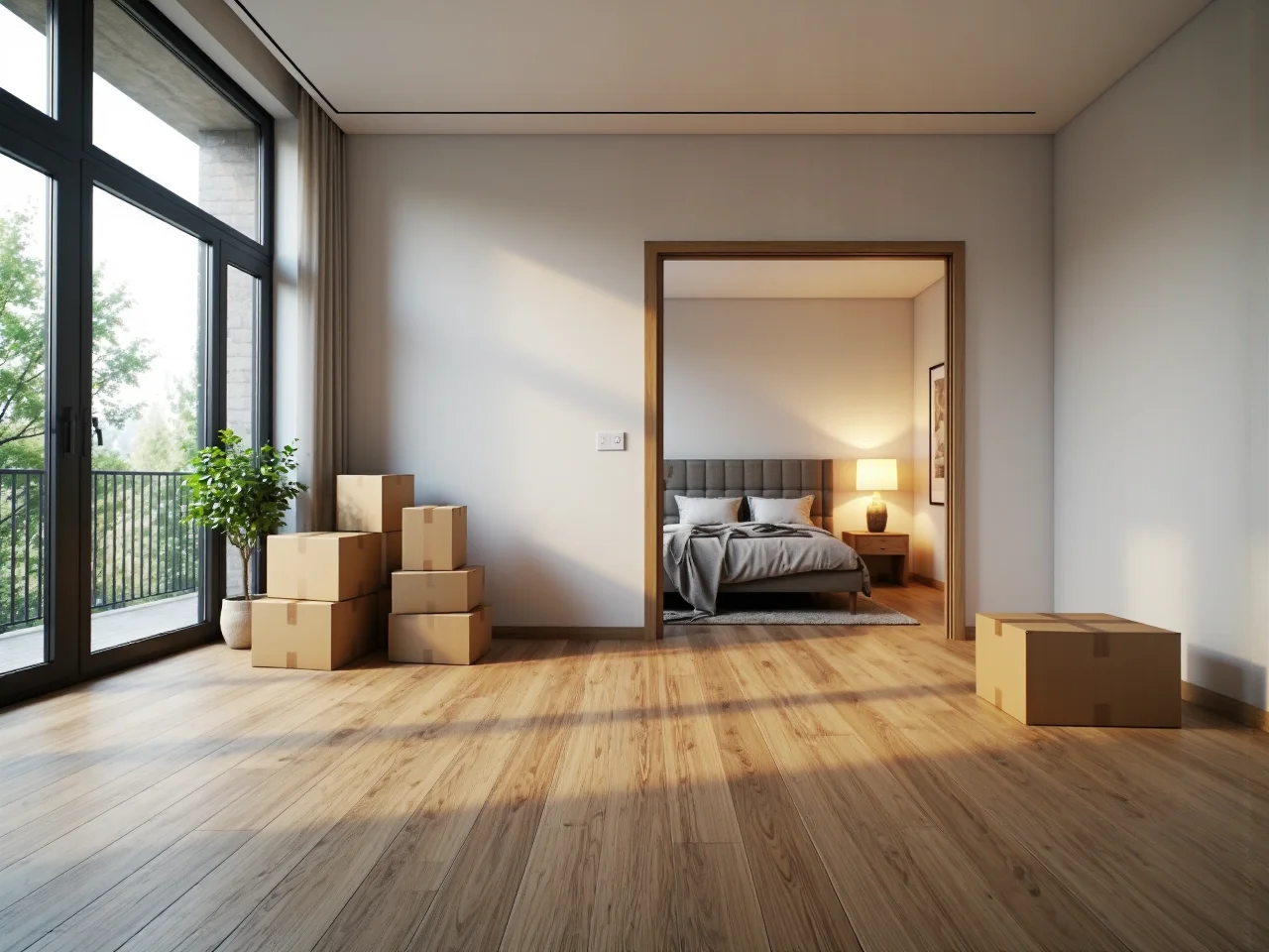 Łóżko z szarym tapicerowanym zagłówkiem i szafką nocną dąb