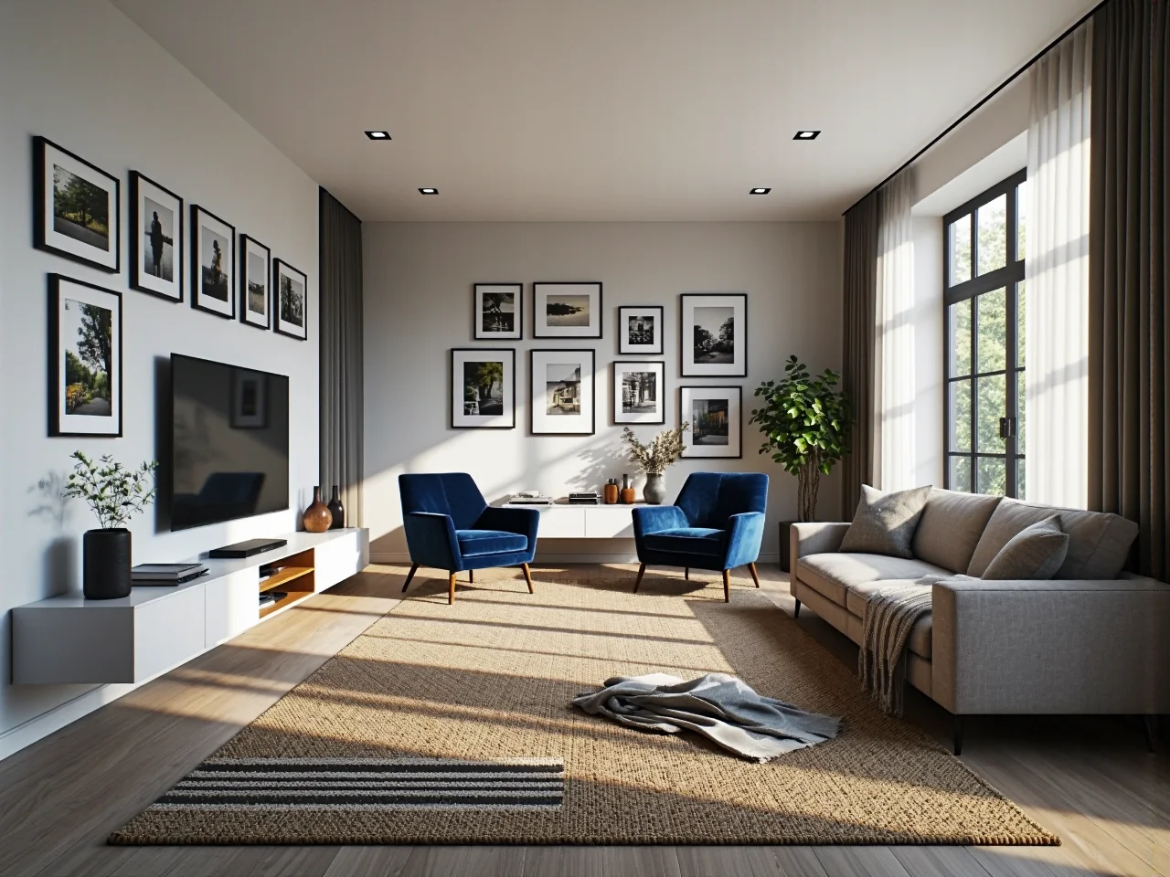 Ustawienie kanapy wzdłuż ściany w wąskim i prostokątnym salonie aby zachować wygodne ciągi komunikacyjne