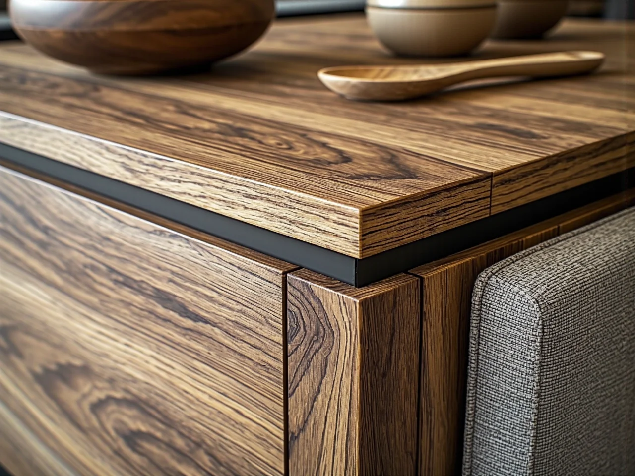 Zbliżenie na zniszczoną szafkę z płyty MDF, która napęczniała od wilgoci po latach użytkowania.