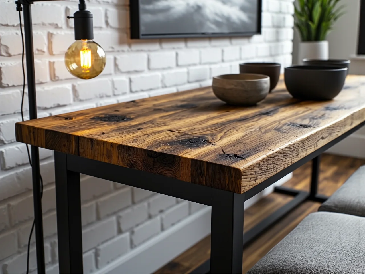 Wąska konsola w małym salonie jako stylowy przykład oszczędności miejsca w aranżacji.