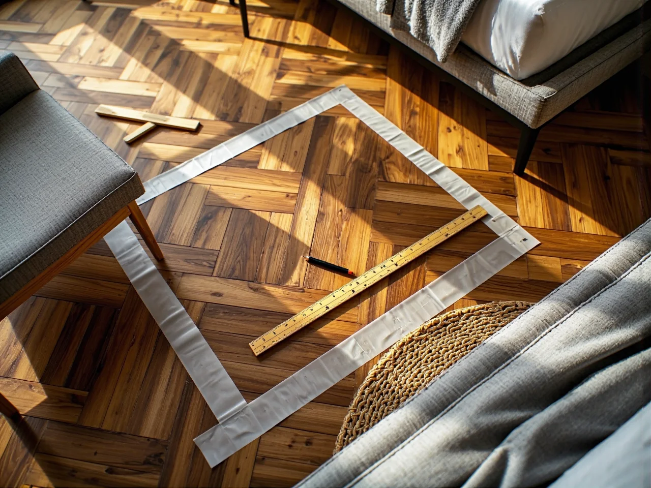 Zaznaczenie obrysu fotela taśmą na podłodze w celu sprawdzenia dostępnego miejsca.