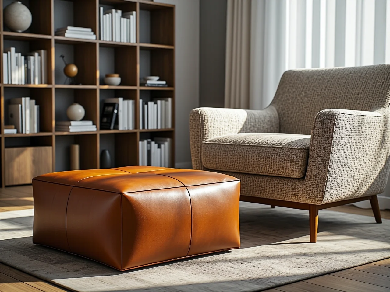 Obrysowanie kształtu i wielkości pufy na podłodze taśmą malarską w celu wizualizacji zajmowanego miejsca.