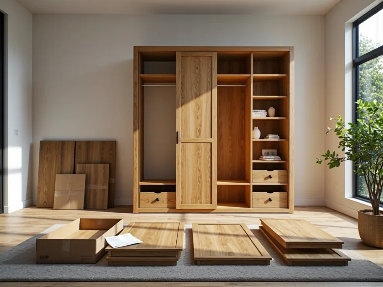 Szafa przesuwna dąb craft z półkami i szufladami w trakcie montażu