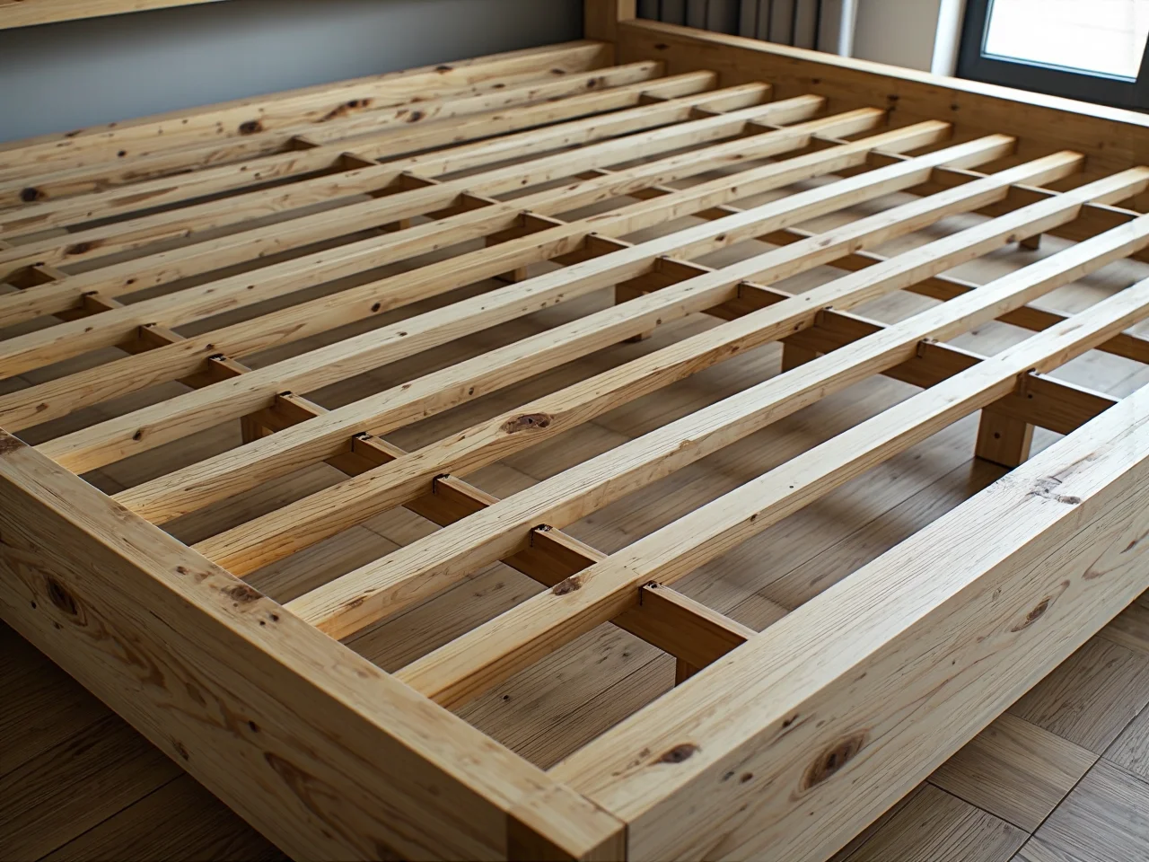 Zestawienie różnych materiałów ram łóżek w jasnej sypialni: metal, drewno i miękka tapicerka.