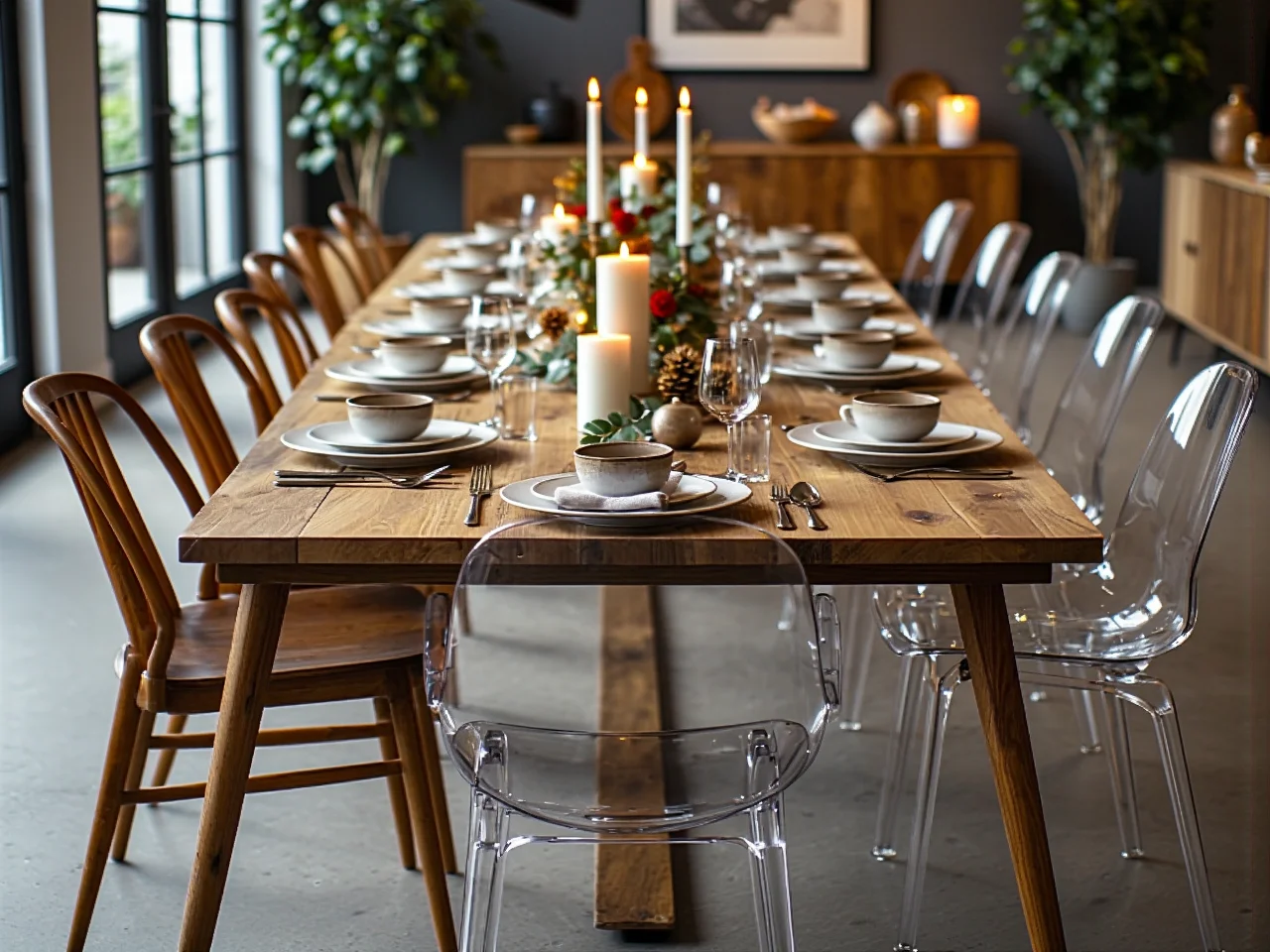 Wygodne krzesła z podłokietnikami zapewniające komfort podczas długiej świątecznej kolacji.