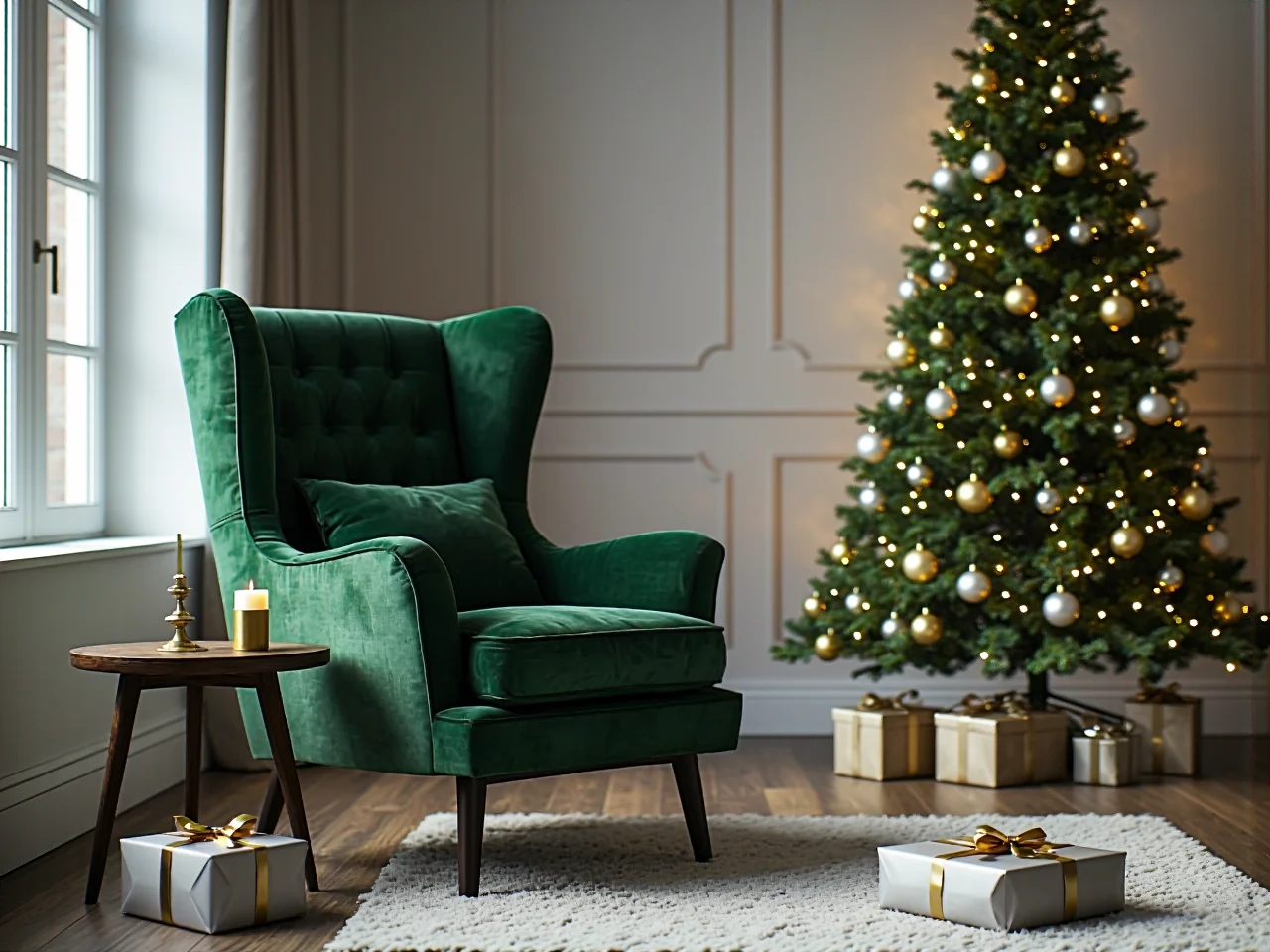 Tapicerowany fotel ciemnozielony z wysokim pikowanym oparciem