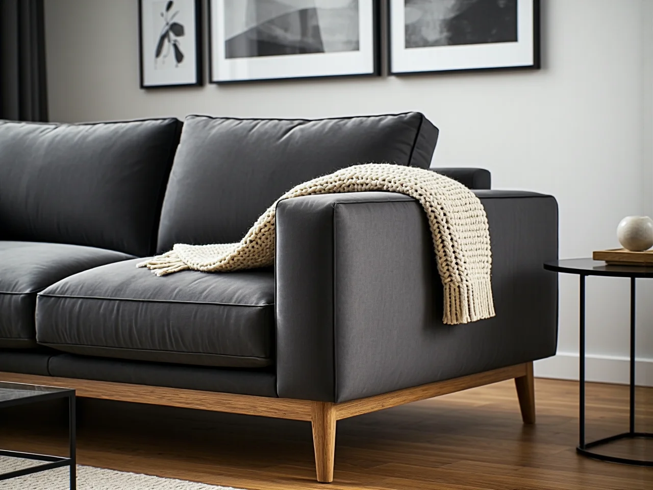 Wygodny narożnik rozkładany w przytulnym salonie 20m2 z drewnianym stolikiem kawowym