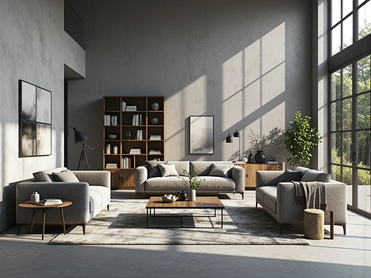 Nowoczesny salon po wymianie mebli, z wygodną sofą, stolikiem i modnymi dodatkami.