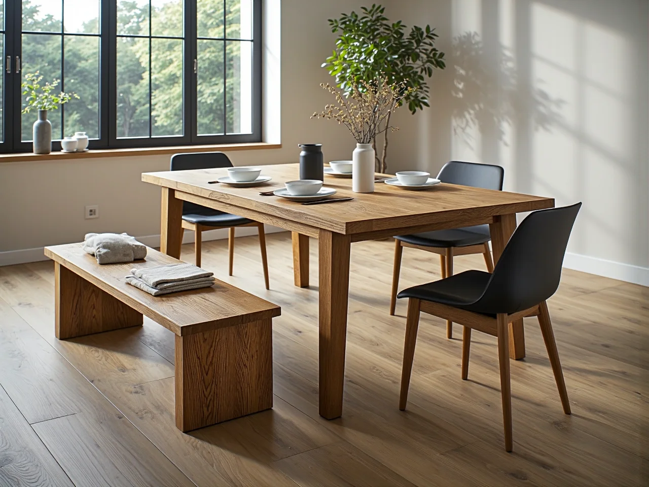 Drewniana ławka dębowa do jadalni z masywną konstrukcją
