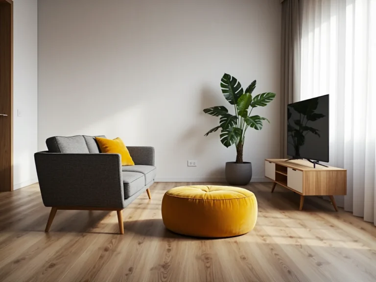 Okrągła pufa do salonu w kolorze musztardowym