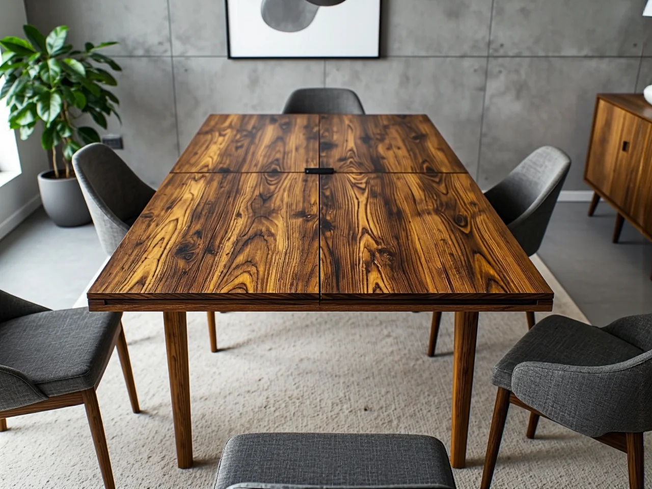 Porównanie wymiarów stołu przed i po rozłożeniu blatu w małym wnętrzu