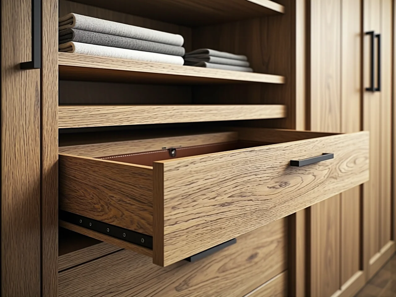 Zbliżenie na wytrzymałe zawiasy i system cichego domyku w szafie za 8000 zł