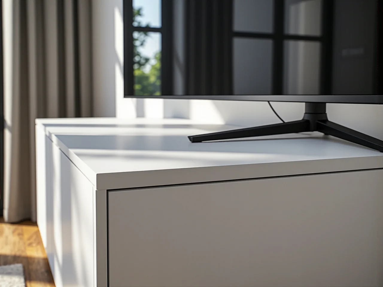 Wisząca szafka RTV zamontowana na optymalnej wysokości zapewniającej ergonomiczną pozycję ekranu.