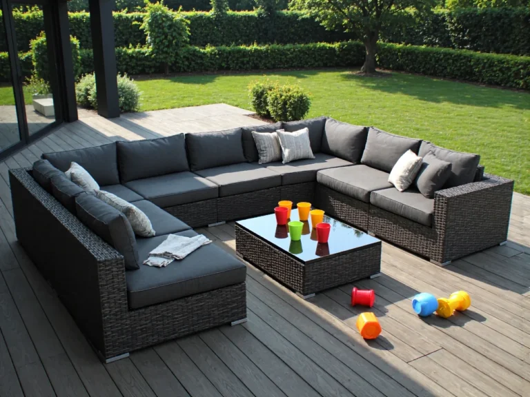 Narożny zestaw wypoczynkowy ogrodowy z technorattanu z szarymi poduszkami