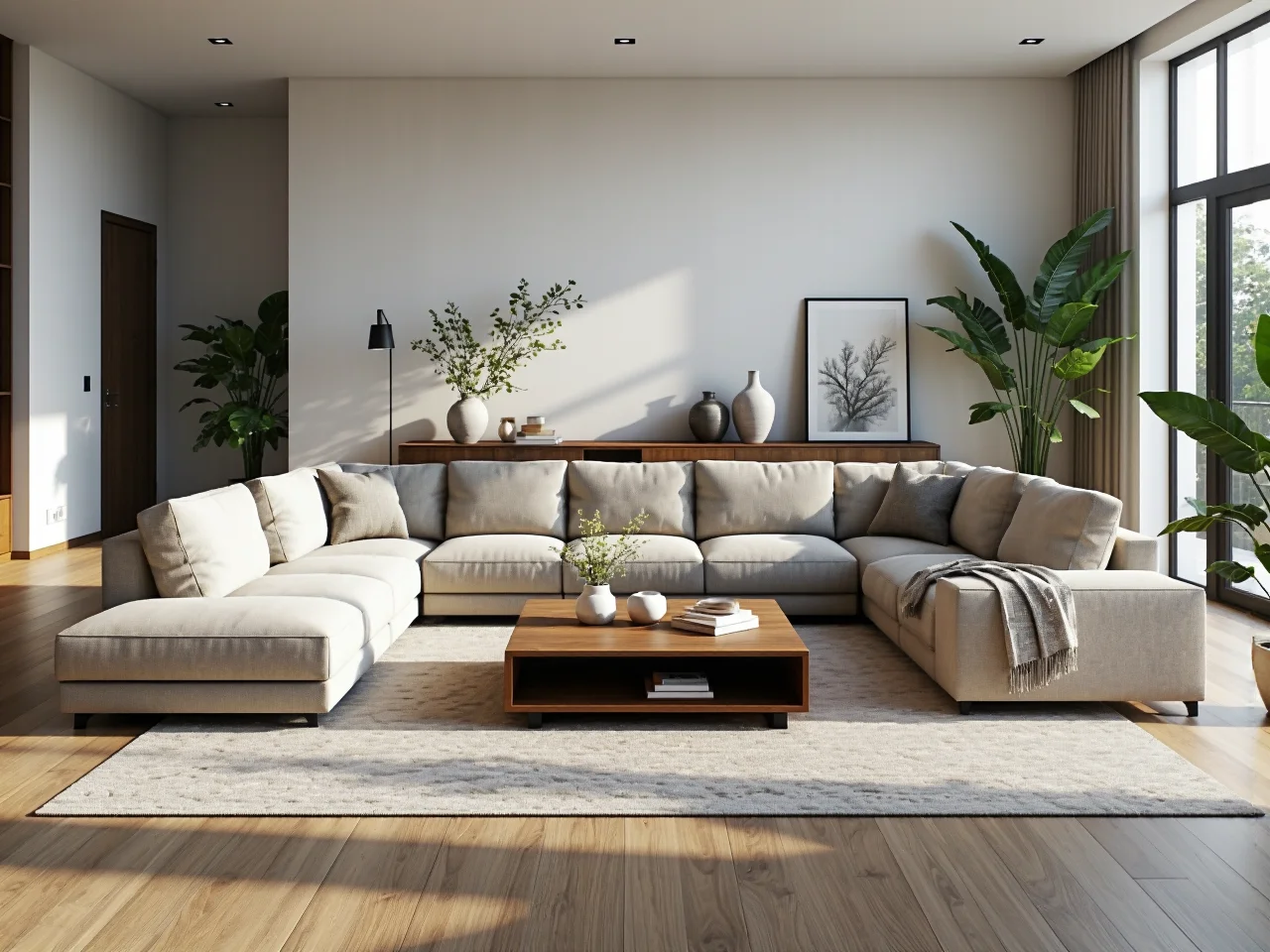 Narożnik modułowy beżowy z miękkimi poduszkami i szezlongiem