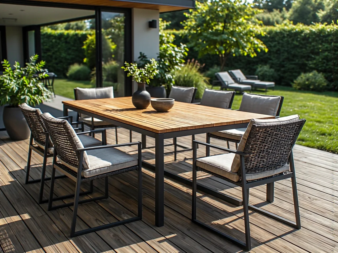 Zestaw mebli ogrodowych stół drewniany z krzesłami rattanowymi
