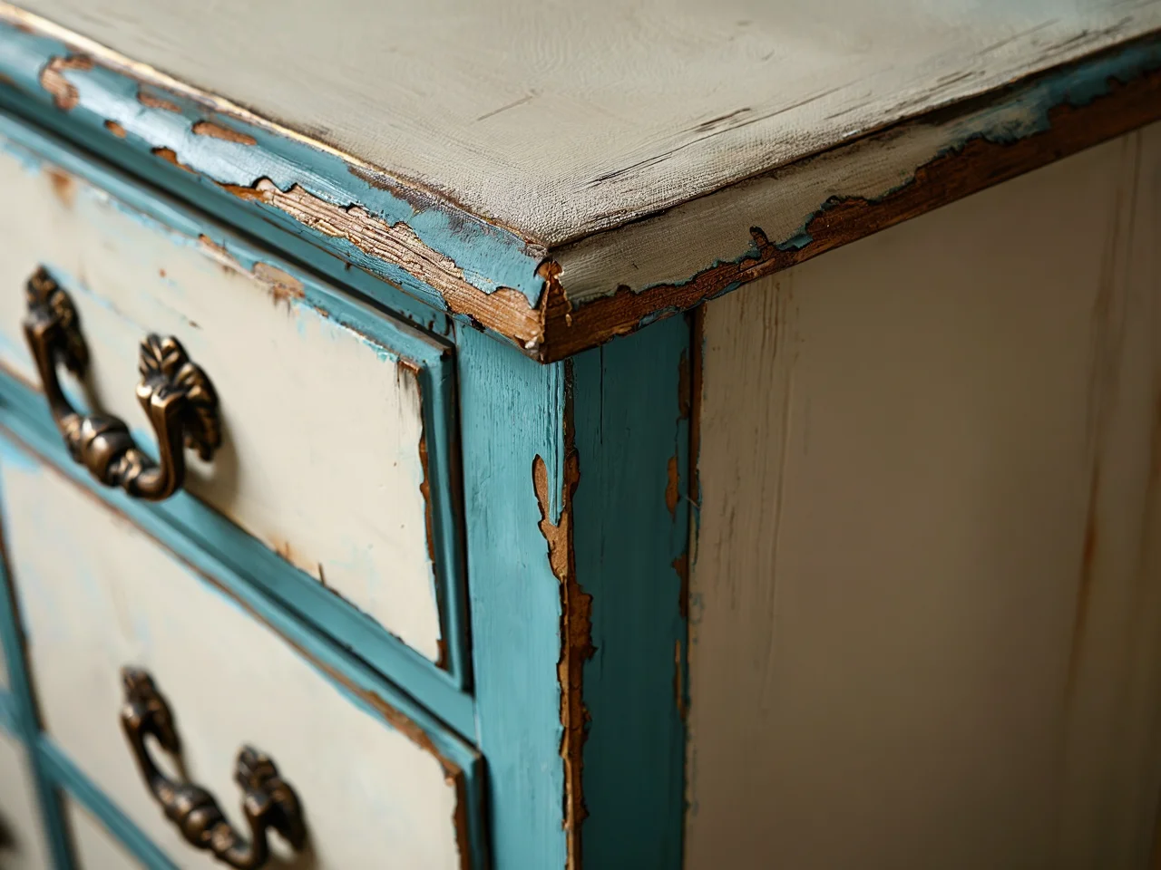Elegancka biała komoda w stylu shabby chic wykonana techniką postarzania drewna.