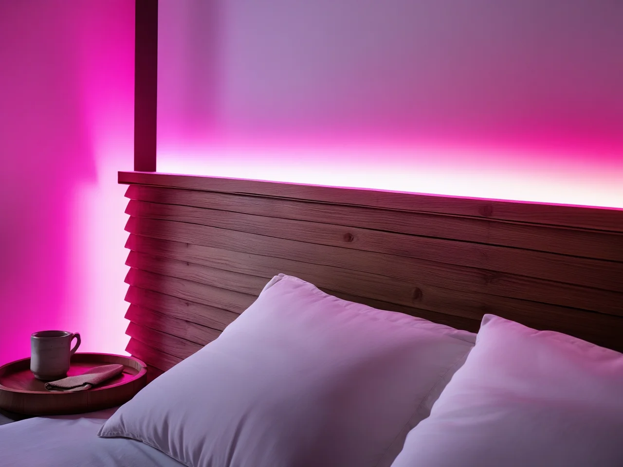 Dekoracyjne oświetlenie akcentujące LED RGB w sypialni tworzące relaksującą atmosferę po zmroku.