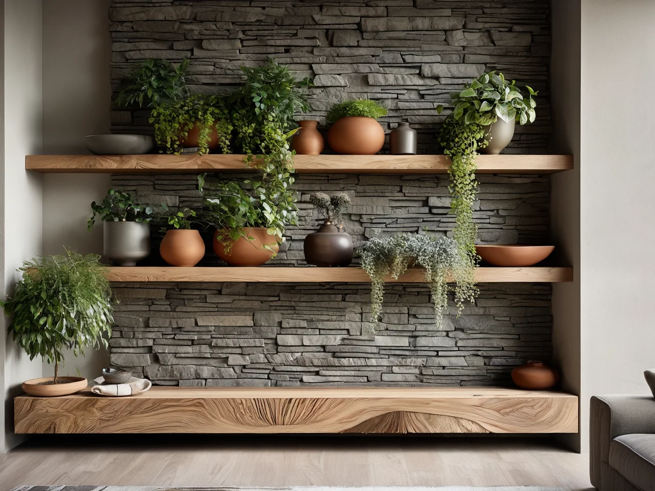 Połączenie naturalnego drewna i surowego kamienia w aranżacji salonu inspirowanej naturą