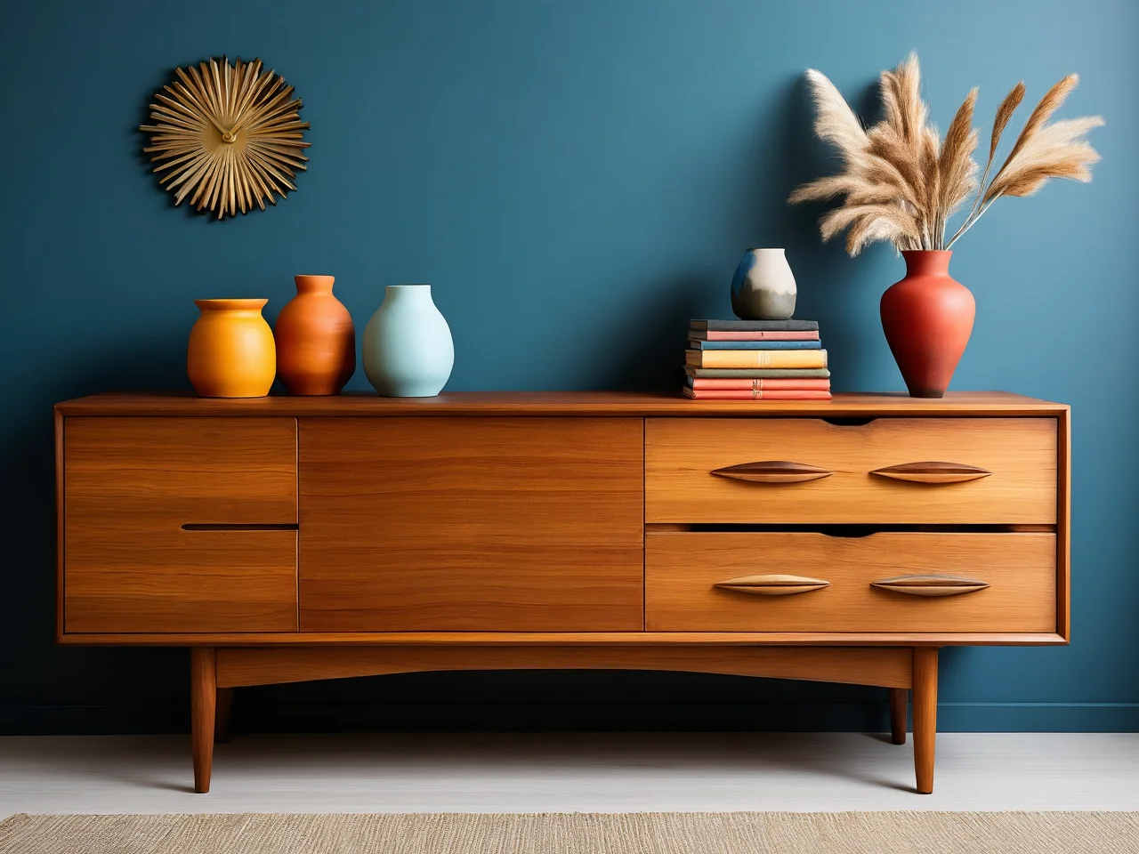 Drewniana komoda w salonie w stylu mid-century modern z lat 60.
