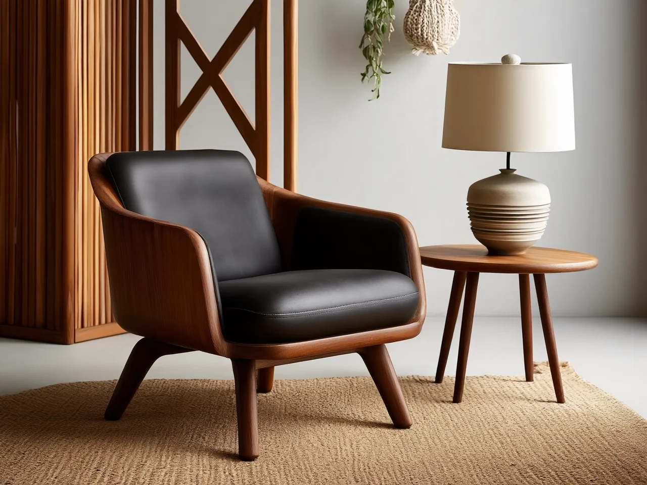 Kultowe meble z lat 50 i 60 w salonie o stylistyce mid-century.
