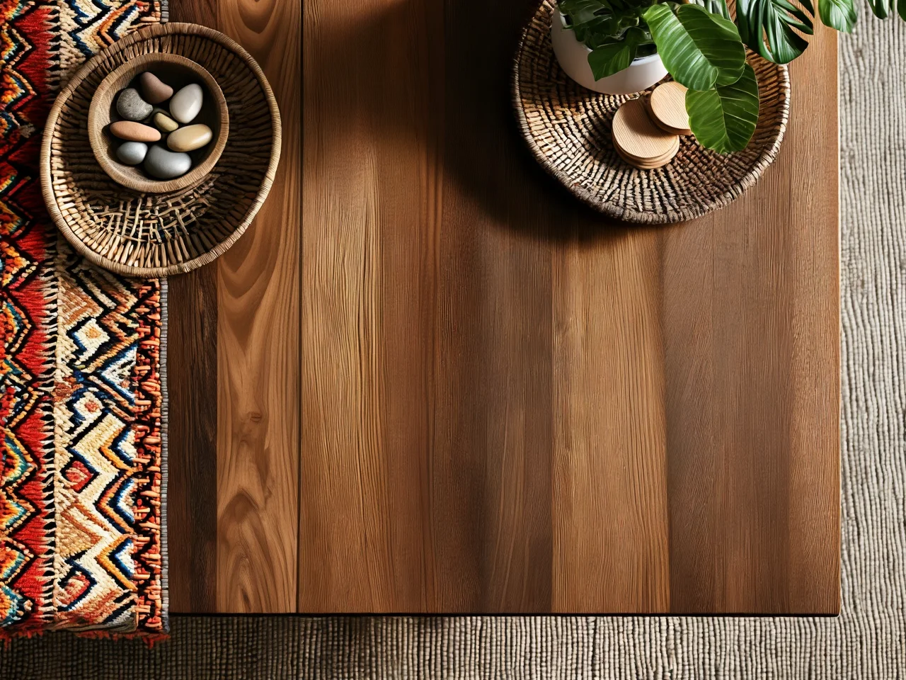 Nowoczesny salon w stylu tropikalnym łączący naturalne materiały i egzotyczną roślinność