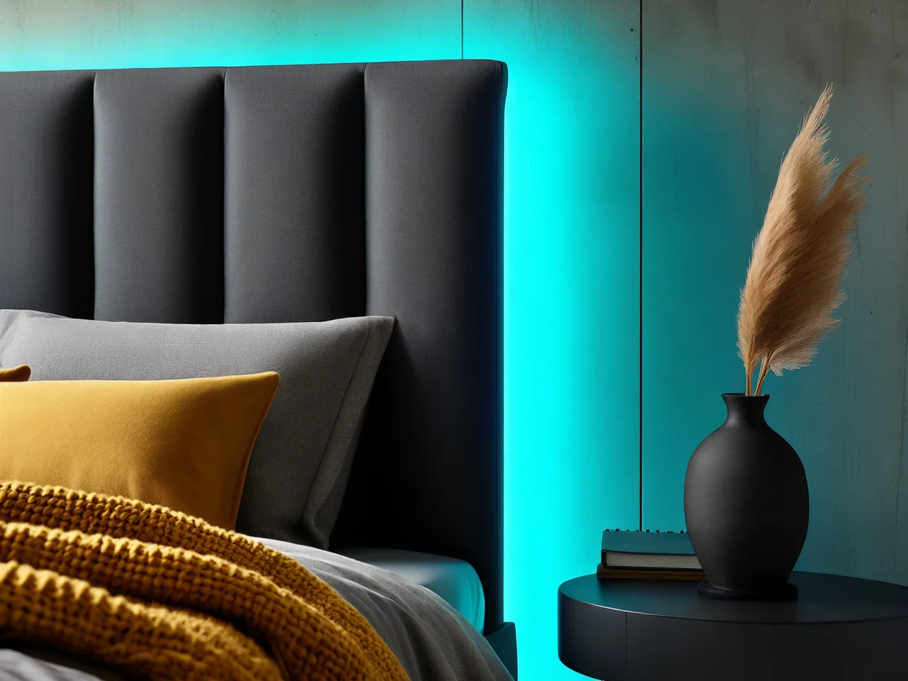 Efektowne podświetlenie wezgłowia LED RGB podkreślające nowoczesny design sypialni i komfortowy klimat.