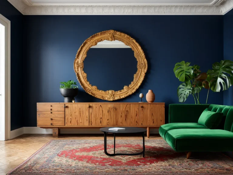 Salon styl eklektyczny nowoczesna sofa antyczna komoda