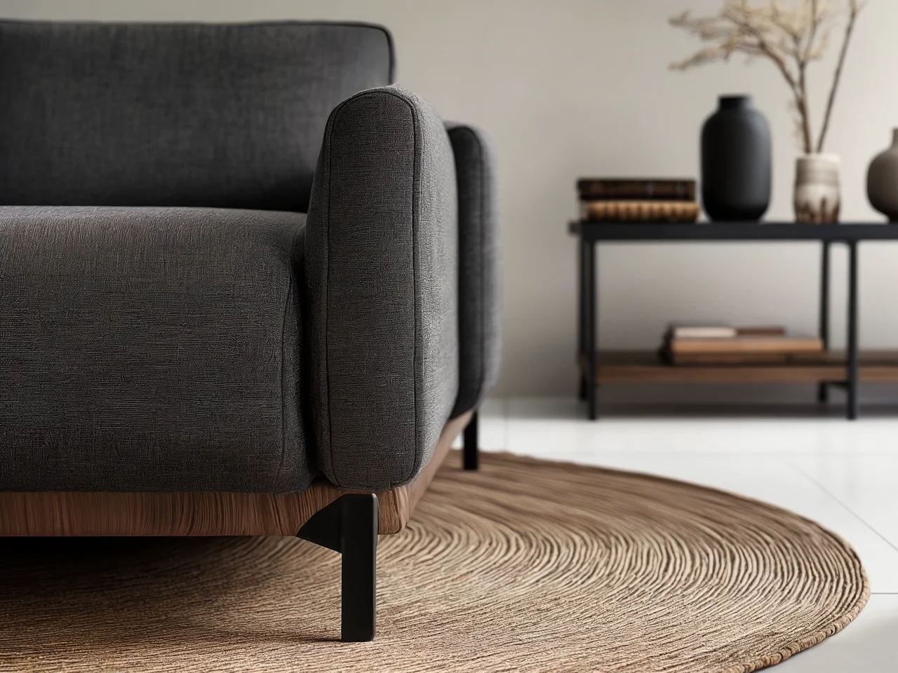 Elegancka sofa na środku salonu oddzielająca strefę dzienną od jadalni w nowoczesnym domu.