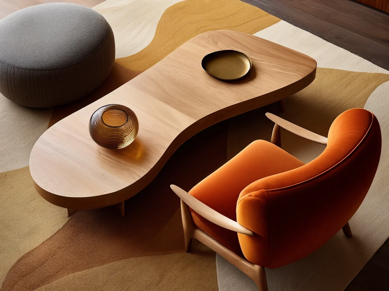 Wygodna sofa i stolik kawowy w salonie w stylu mid-century modern.