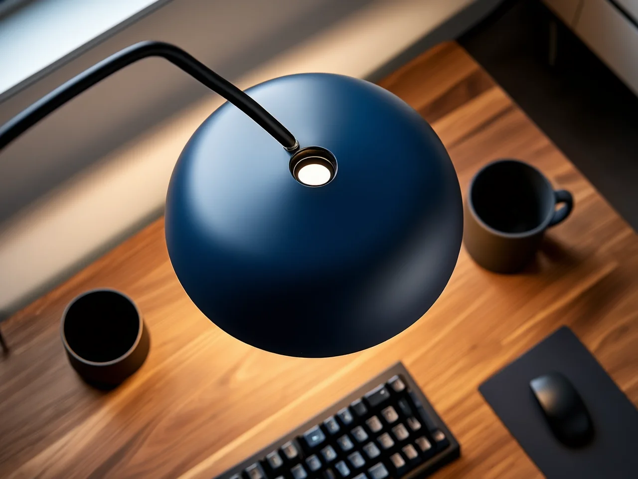 Srebrna lampa biurkowa typu architekta w nowoczesnym i minimalistycznym miejscu pracy.