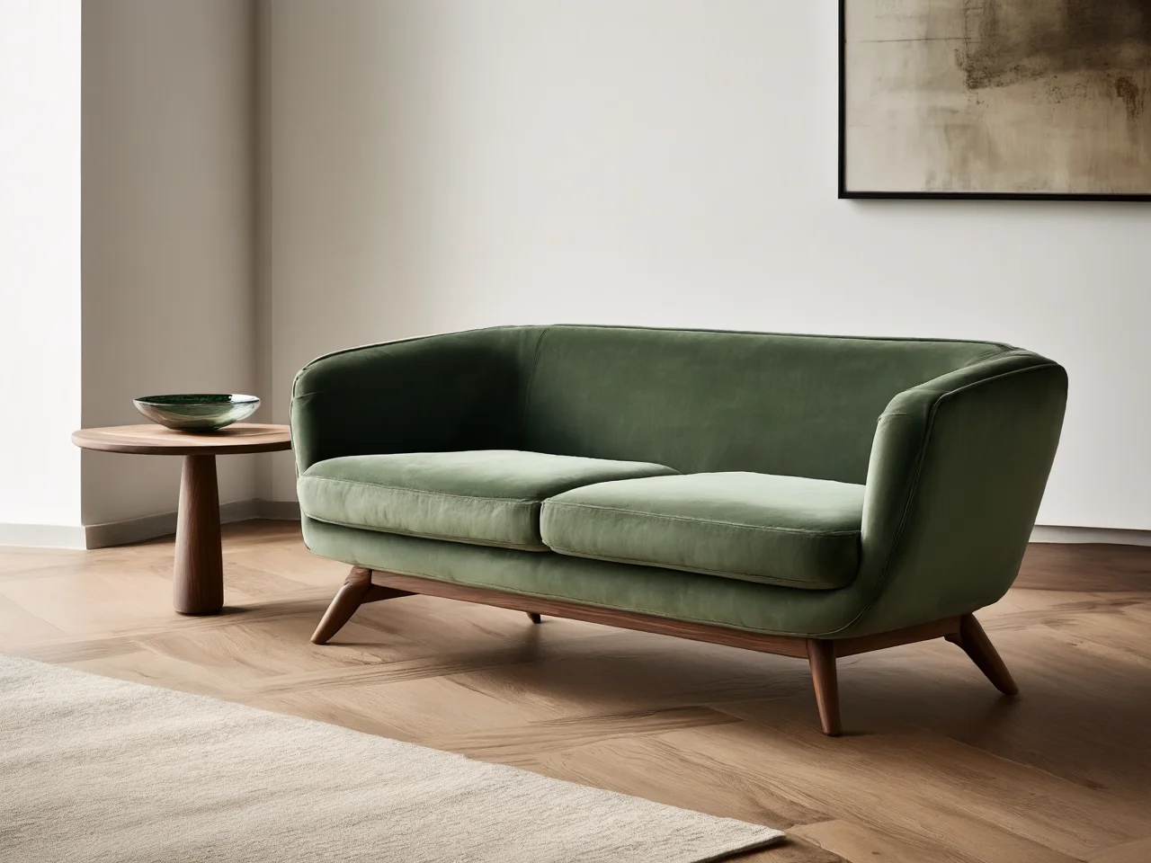 Szara sofa wolnostojąca jako główny element dekoracyjny minimalistycznego salonu z dużymi oknami.