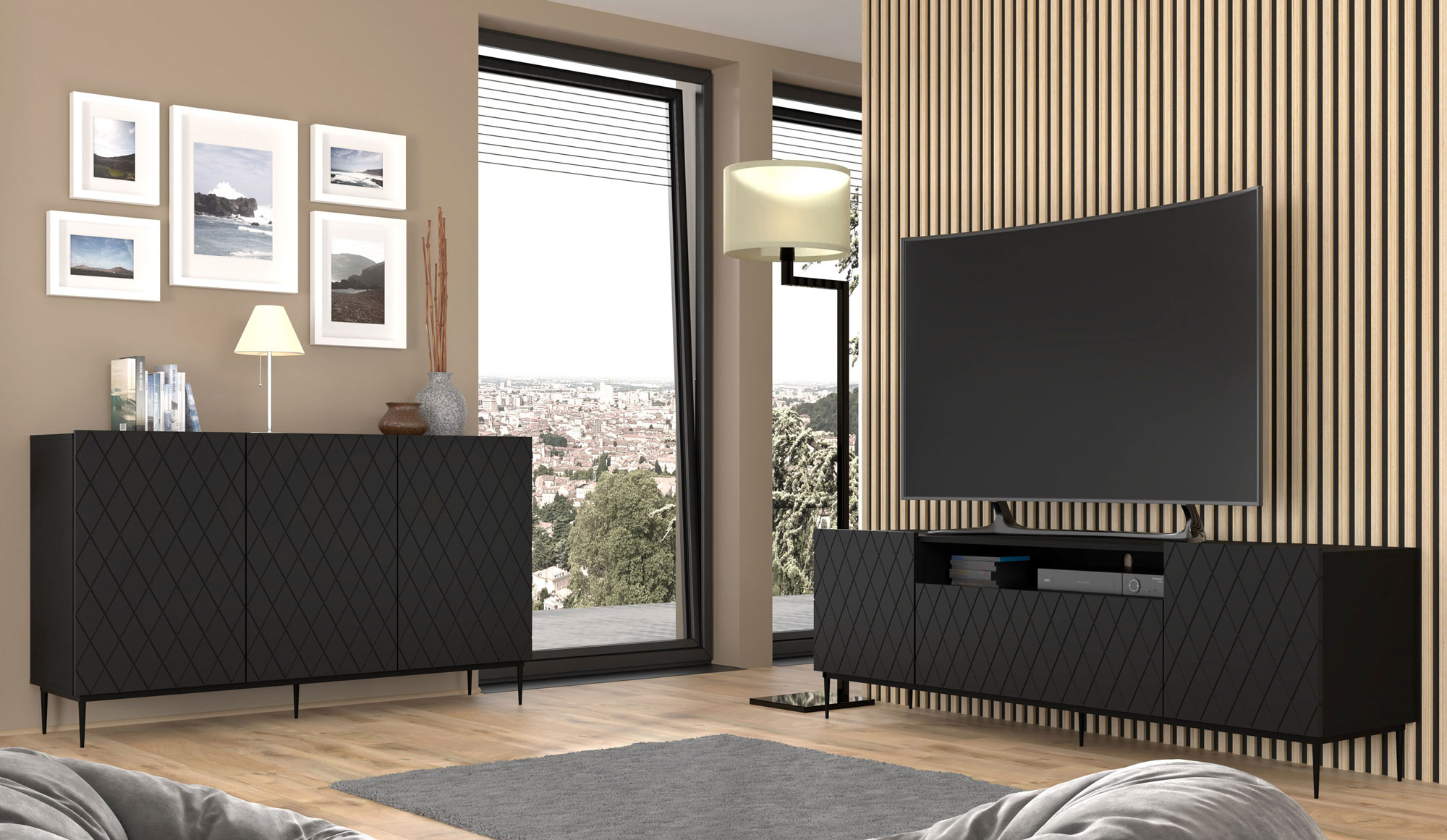 Szafka RTV Bellagio 193 cm czarny mat z czarną ramą