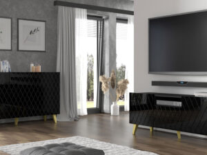 Miniaturka 13 - Komoda Bellagio 3D z frezowanymi frontami 145 cm czarny mat na złotych nogach