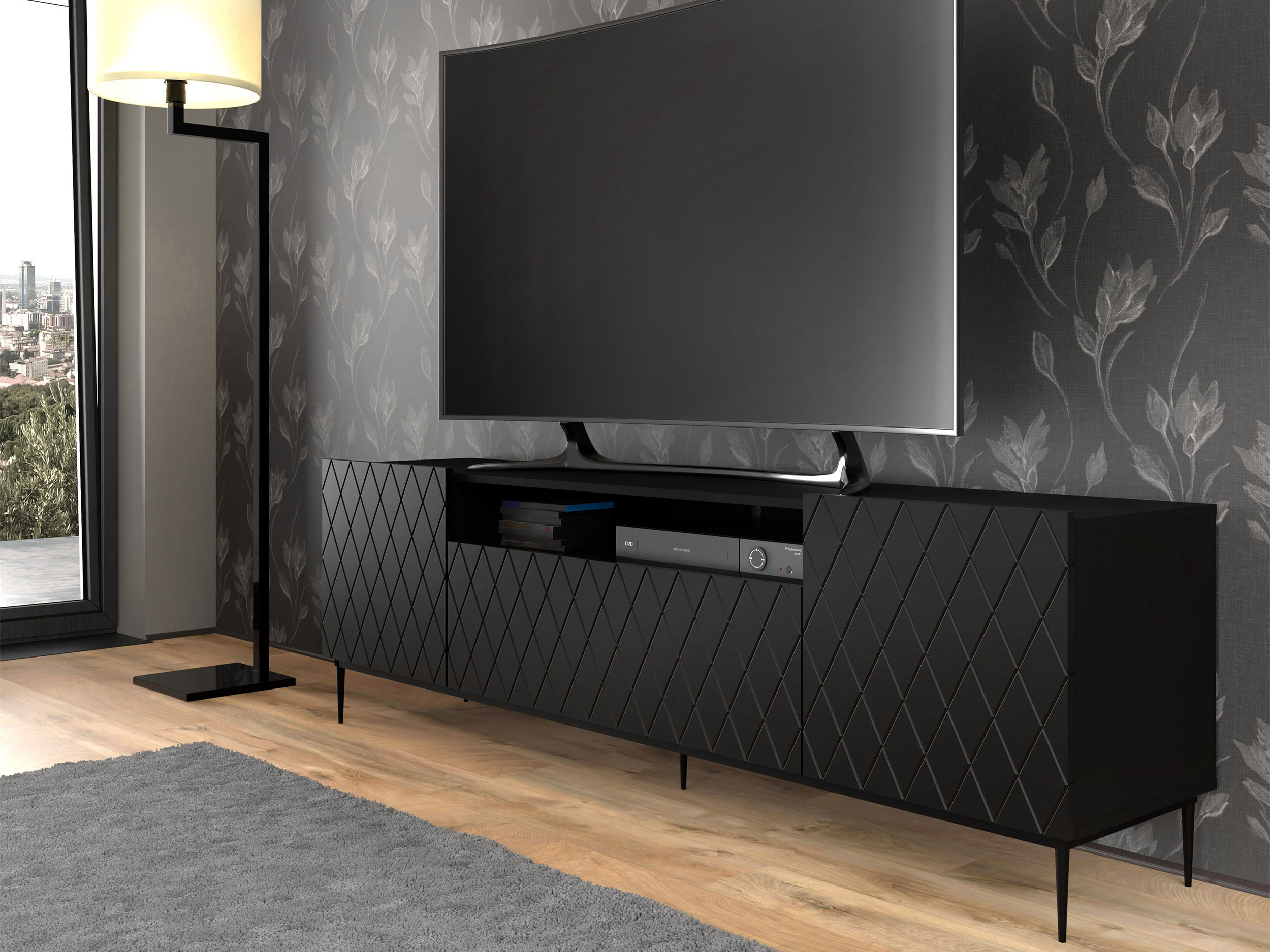 Szafka RTV Bellagio 193 cm czarny mat z czarną ramą
