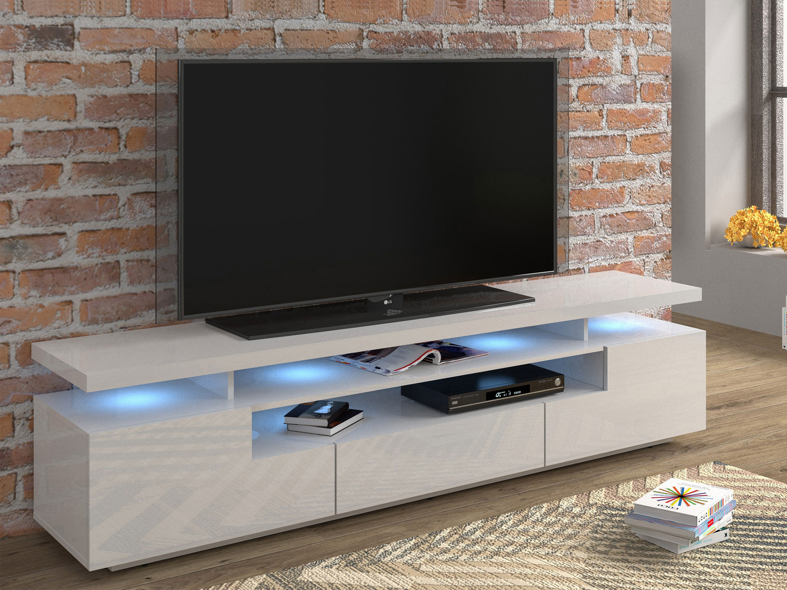 Szafka RTV Ewa 180 cm biały mat / biały połysk