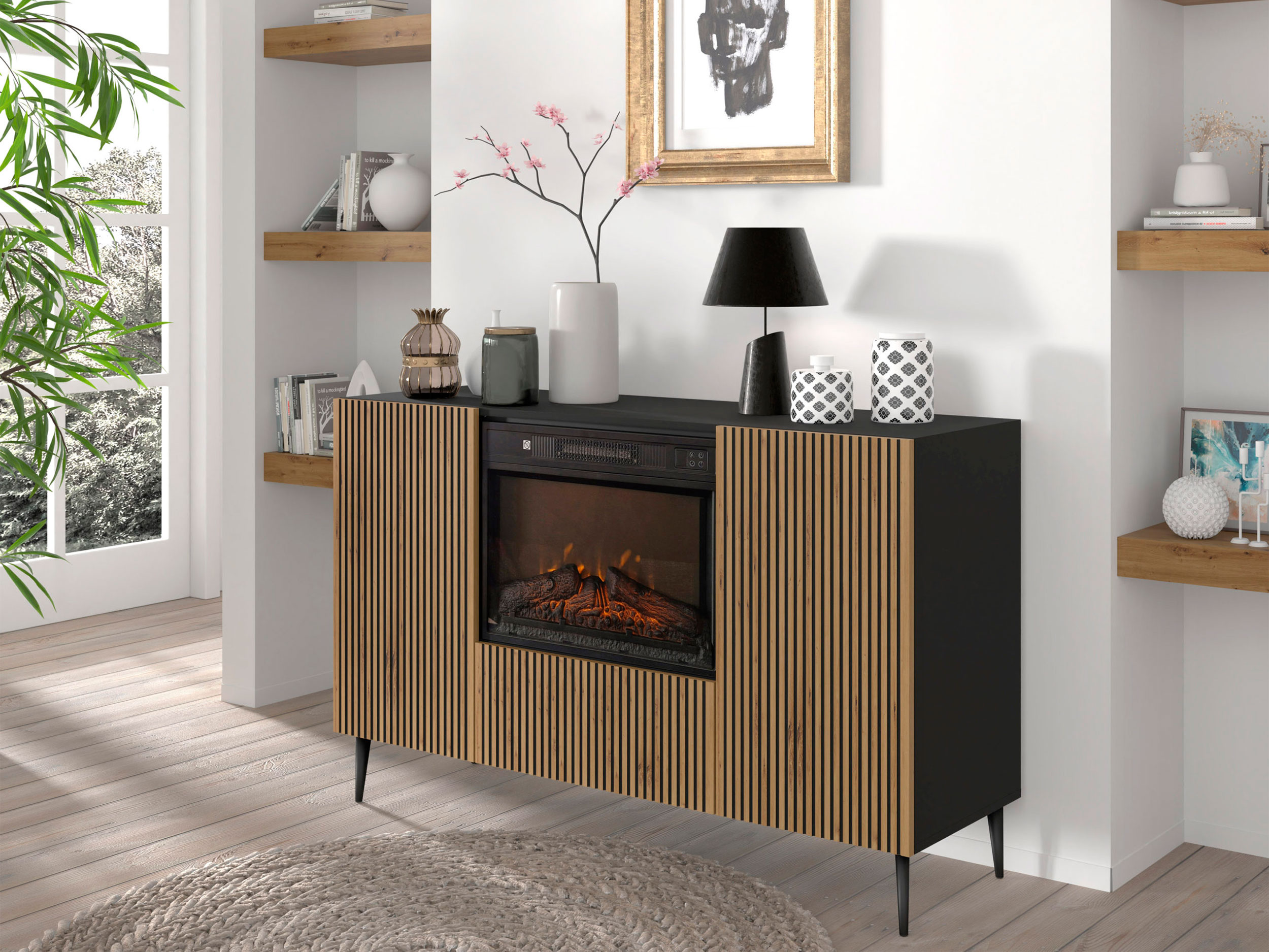 Komoda Navia 2D1K z kominkiem i frezowanymi frontami 139,5 cm dąb artisan