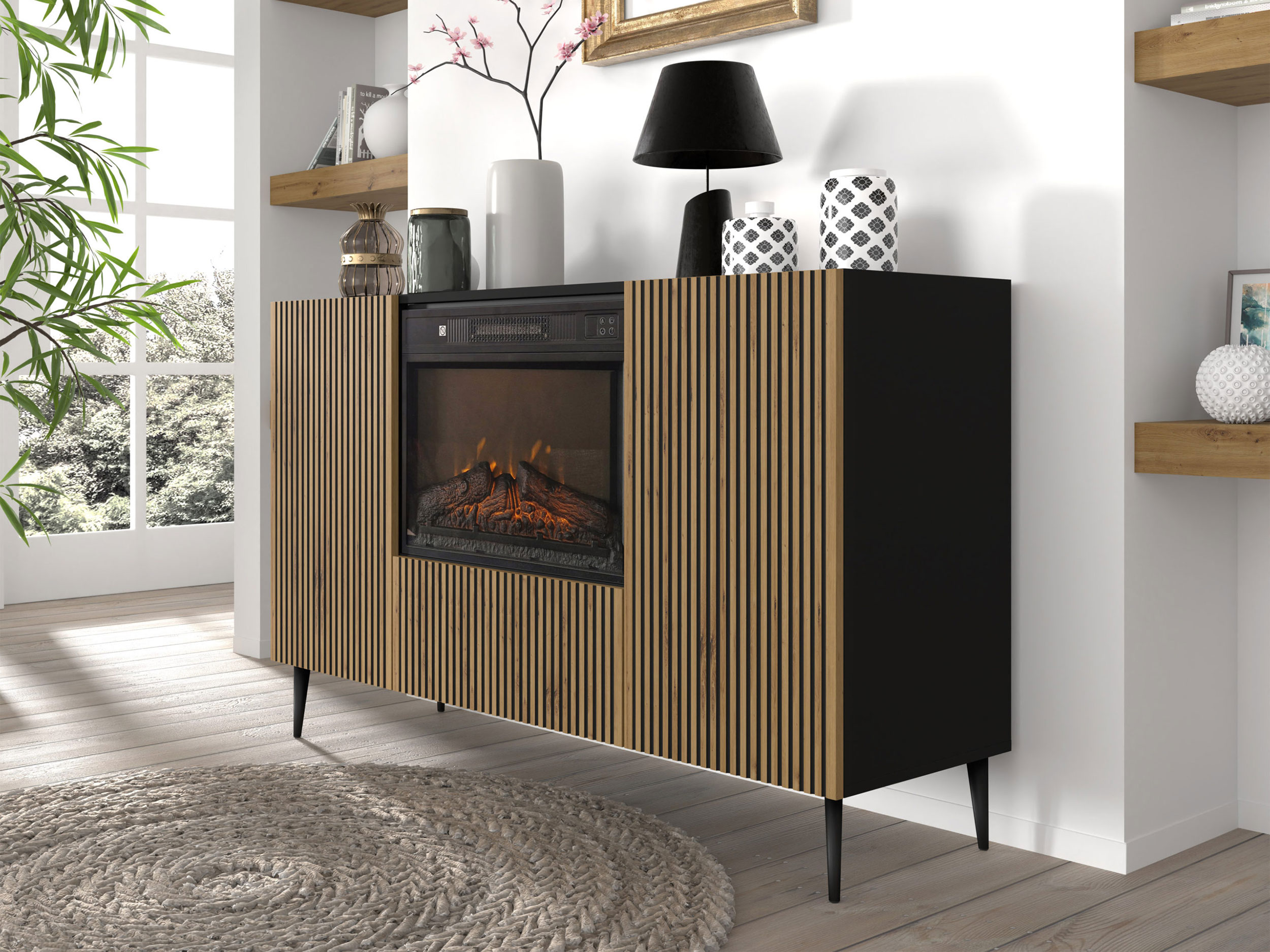 Komoda Navia 2D1K z kominkiem i frezowanymi frontami 139,5 cm dąb artisan