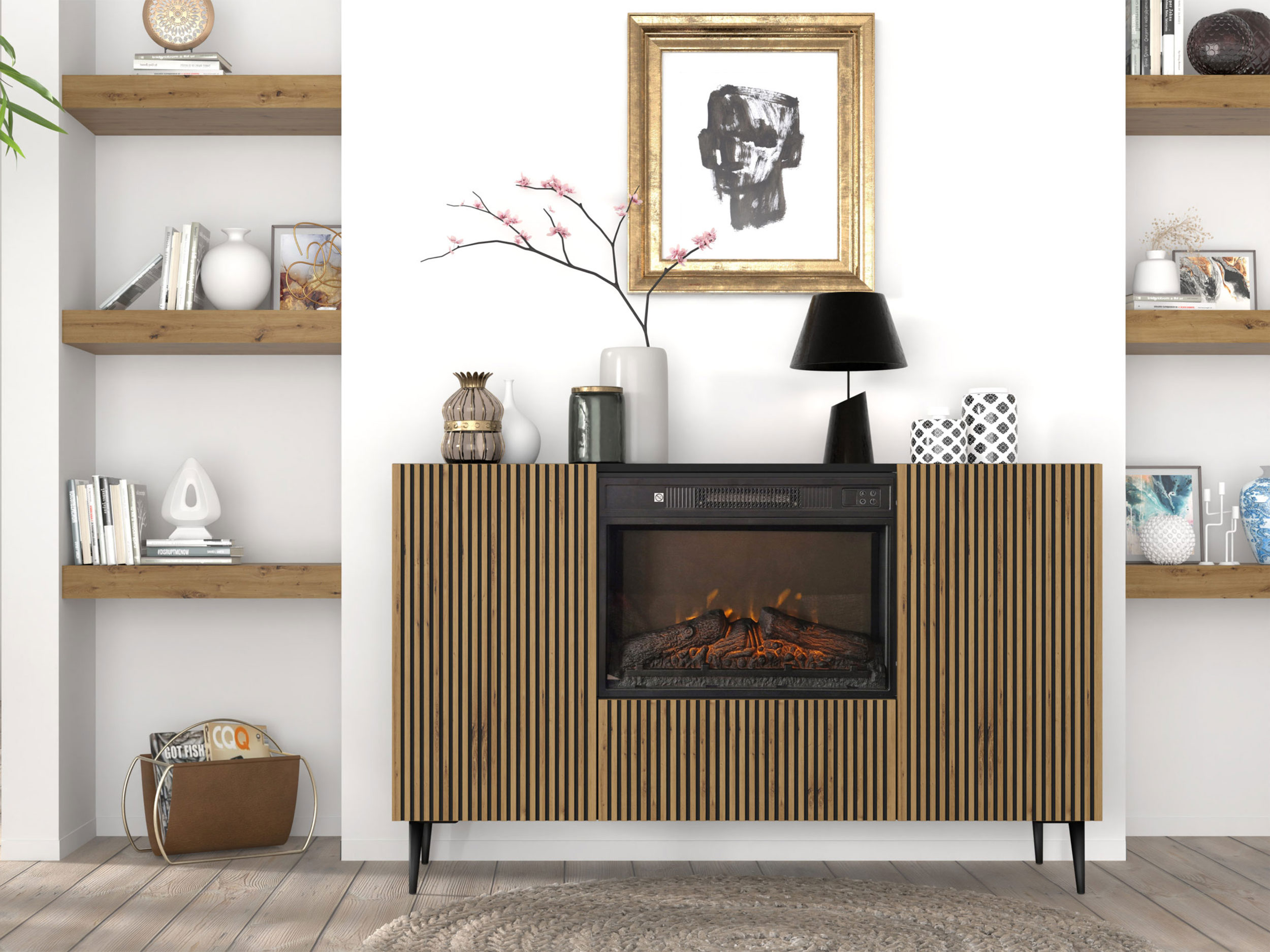 Komoda Navia 2D1K z kominkiem i frezowanymi frontami 139,5 cm dąb artisan
